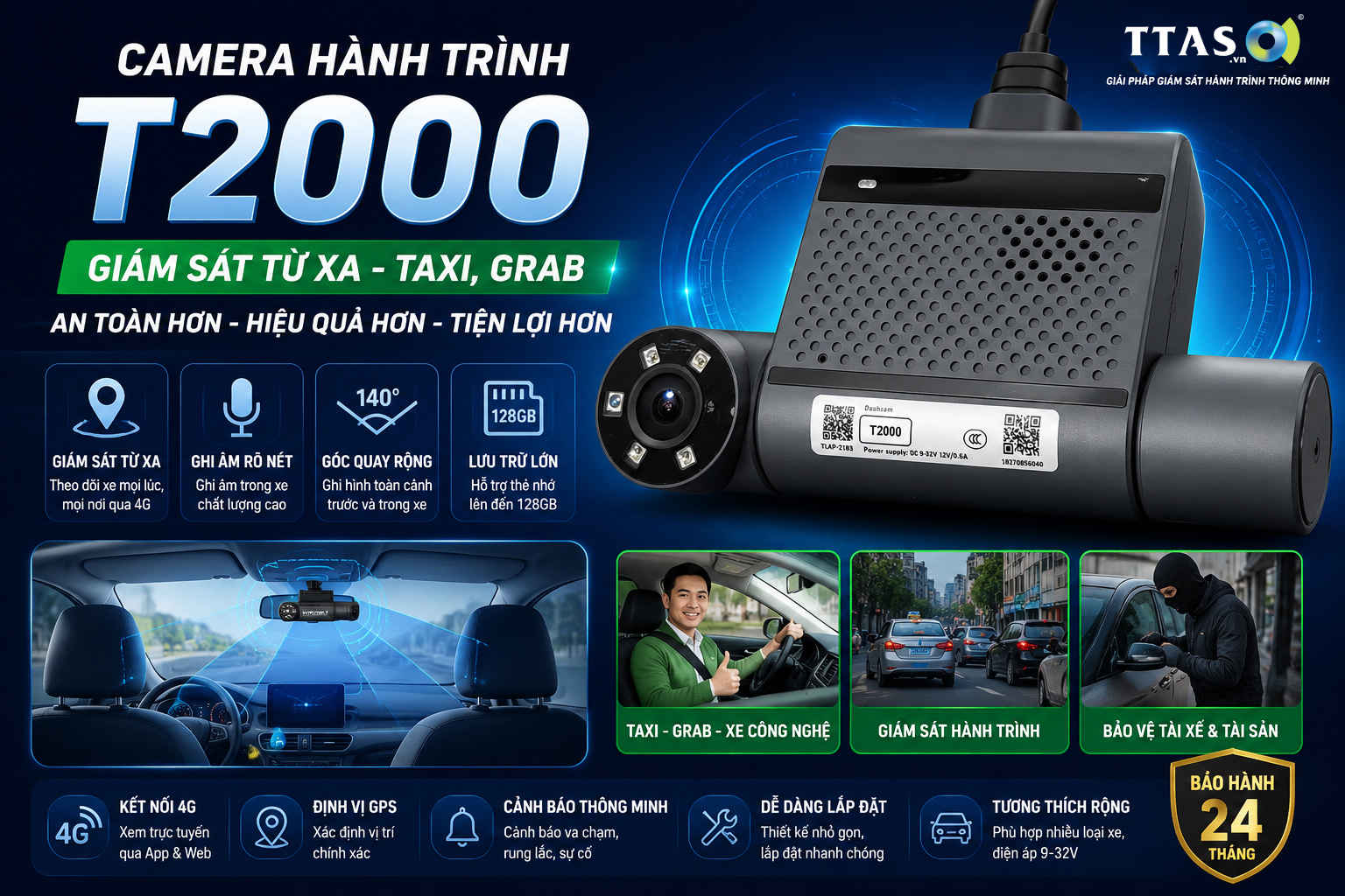 Camera hành trình TTAS T2000 giám sát từ xa cho taxi, Grab, góc quay rộng, hỗ trợ 4G và thẻ nhớ 128GB