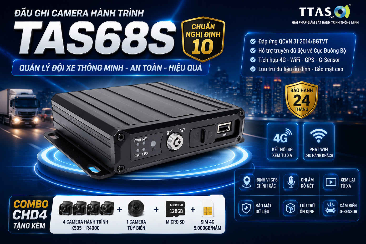 Đầu ghi camera hành trình ô tô 360 độ TAS68S chuẩn Nghị định 10 kèm combo 4 camera và thẻ nhớ 128GB