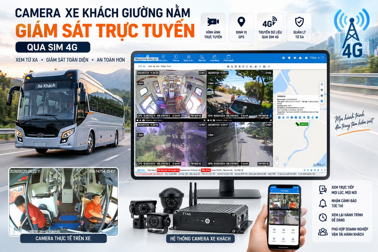 Hệ thống camera giám sát xe khách giường nằm qua sim 4G xem trực tiếp trên màn hình và điện thoại