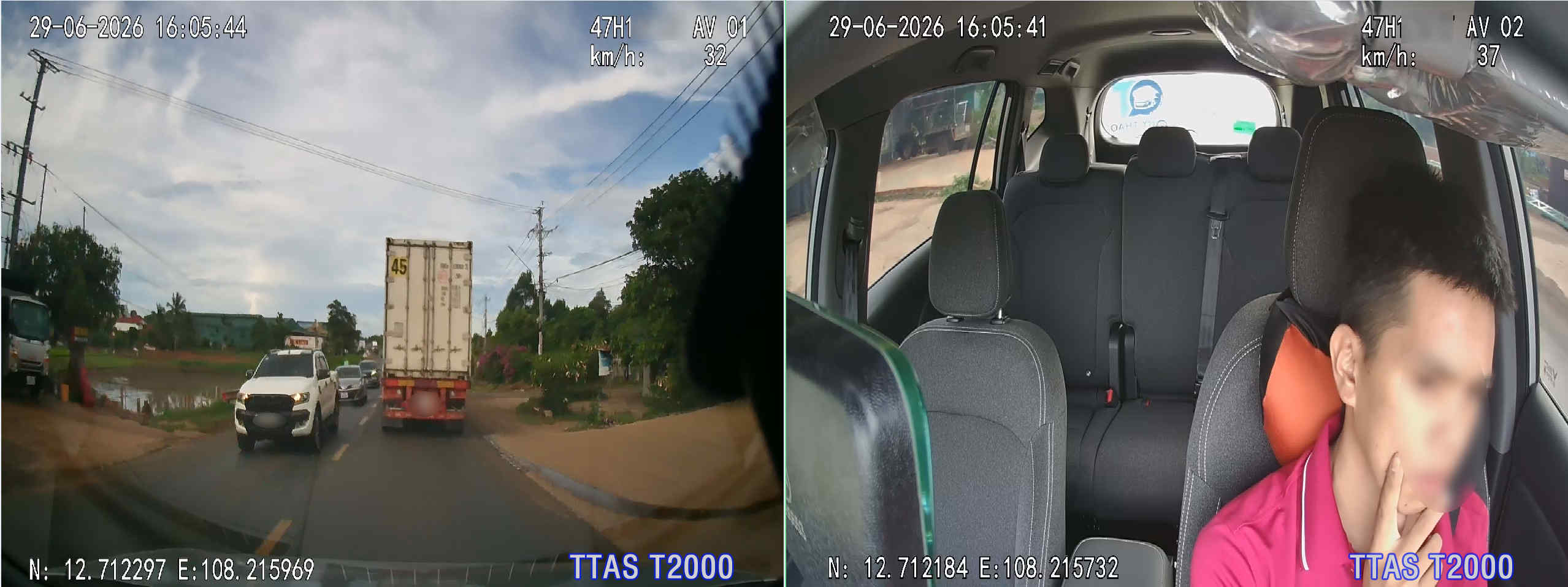 Camera hành trình ô tô TTAS T2000 ghi lại cảnh đường phố và khoang lái tài xế