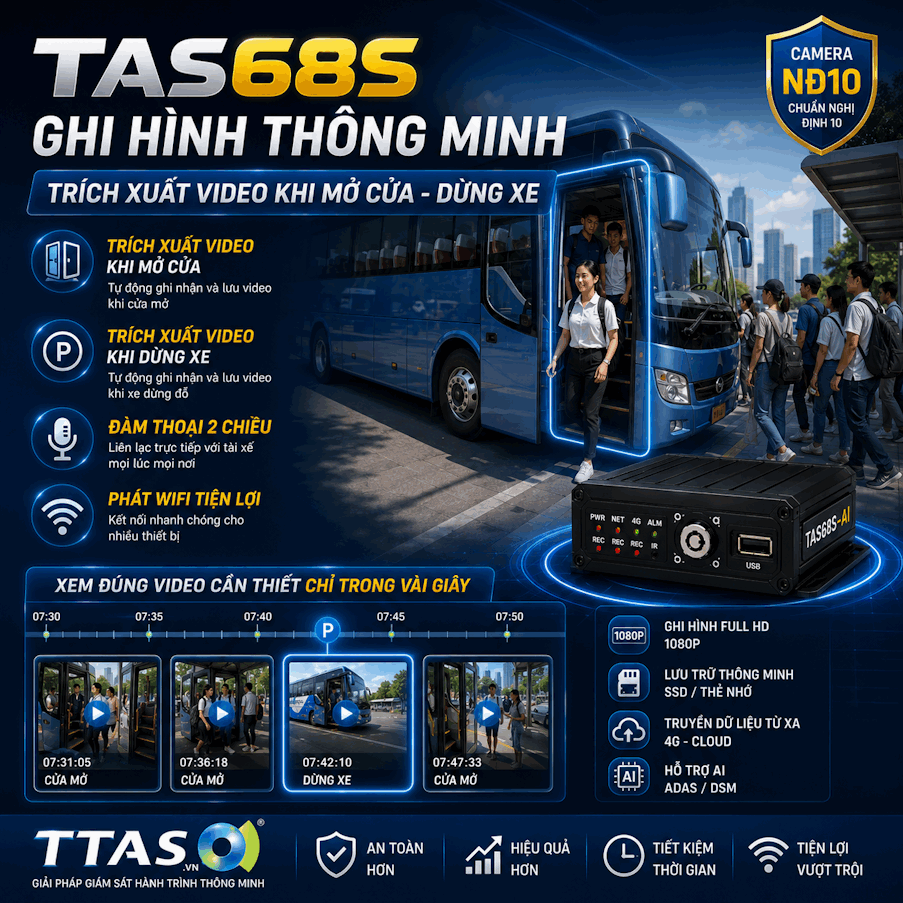 TAS68S – Ghi hình thông minh, trích xuất video khi mở cửa &amp; dừng xe, đàm thoại 2 chiều, phát WiFi tiện lợi