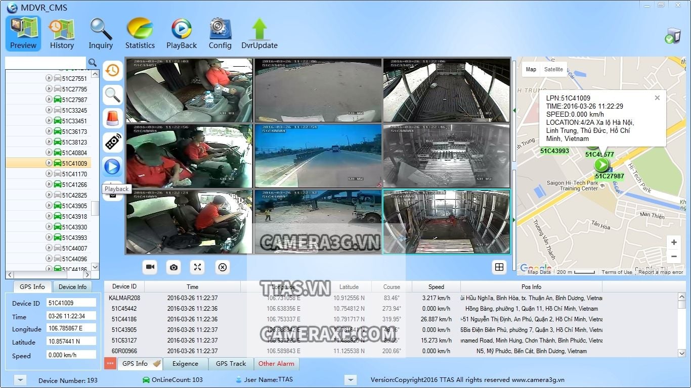 Phần mềm MDVR CMS giám sát camera hành trình xe tải với bản đồ GPS và danh sách thiết bị