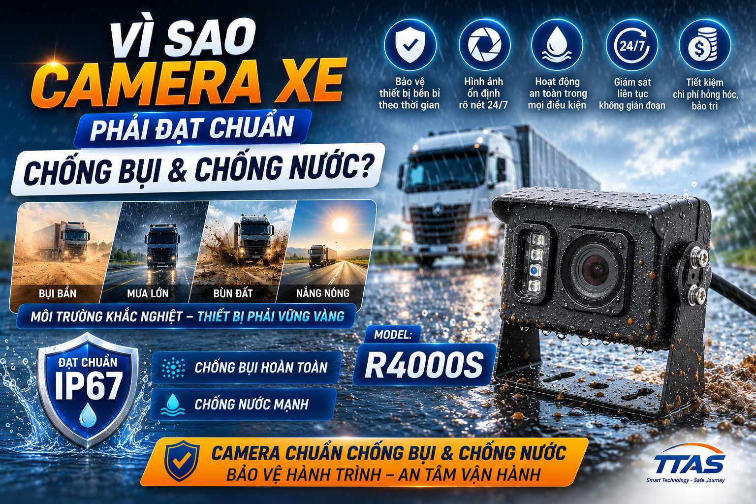 Camera hành trình xe tải TTAS R4000S chống bụi chống nước chuẩn IP67 hoạt động ổn định trong mưa và môi trường khắc nghiệt