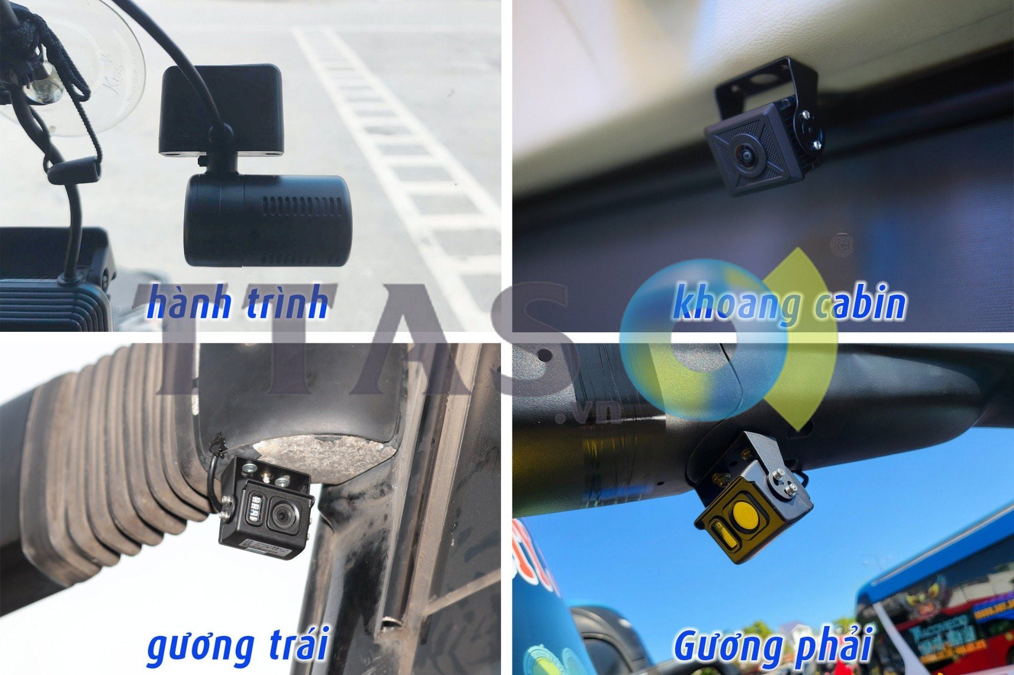 Bộ camera hành trình ô tô gồm camera trước, camera khoang cabin và camera gắn gương trái phải