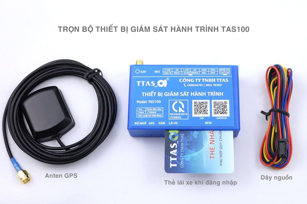 Trọn bộ thiết bị giám sát hành trình TTAS TAS100 gồm hộp định vị GPS, anten GPS, dây nguồn và thẻ lái xe