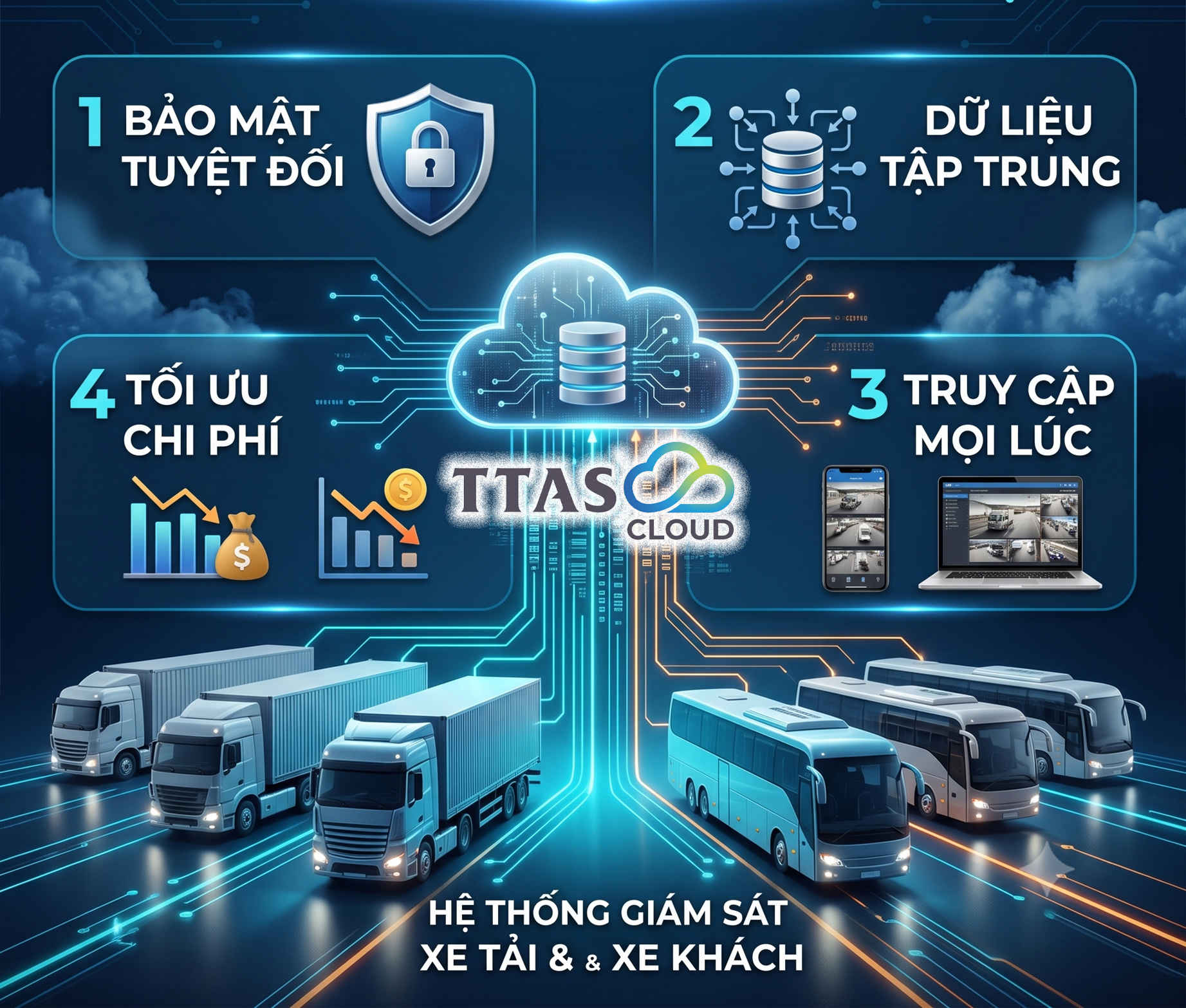 Hệ thống giám sát xe tải xe khách TTAS Cloud với bảo mật tuyệt đối dữ liệu tập trung truy cập mọi lúc