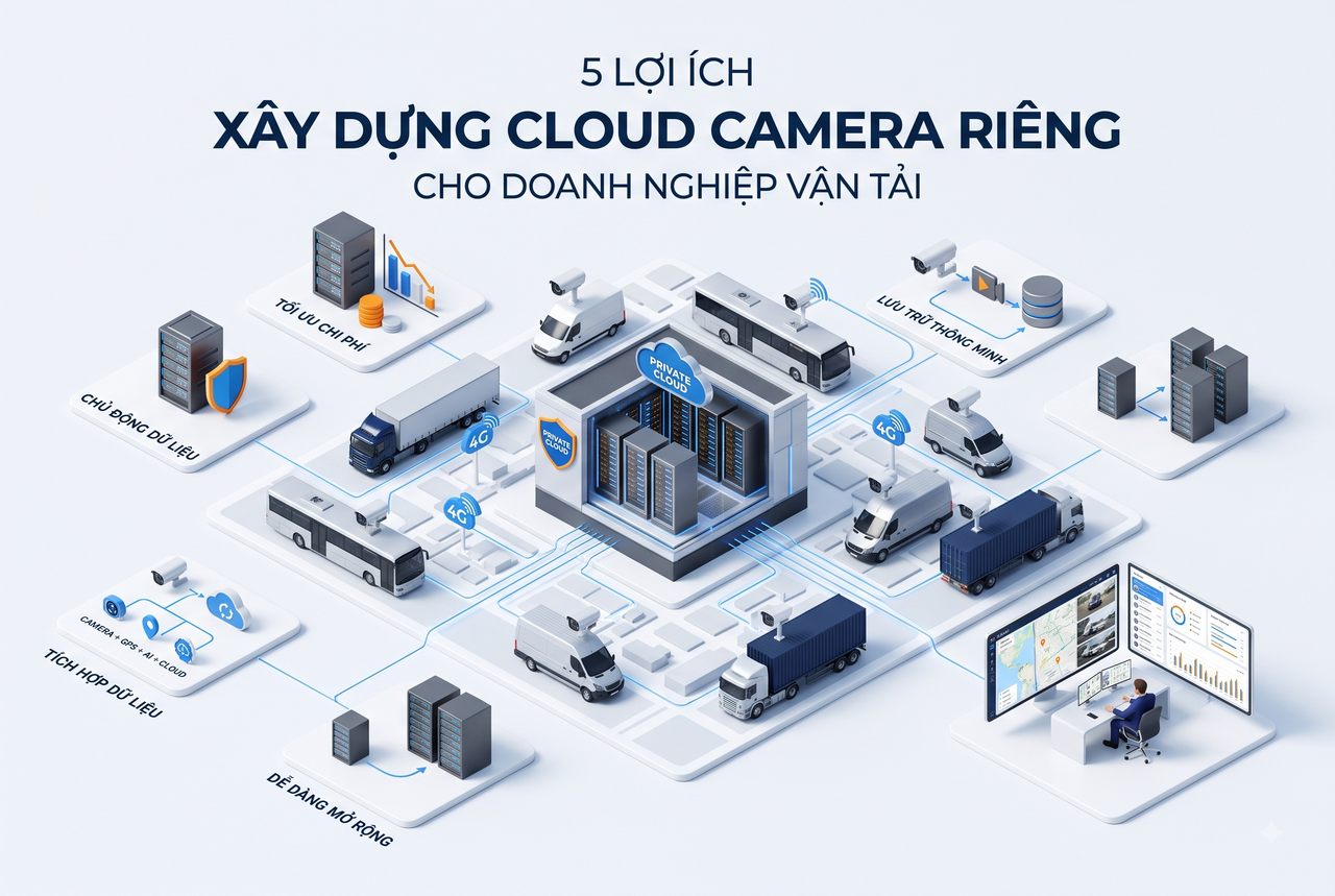 Mô hình hệ thống cloud camera riêng cho doanh nghiệp vận tải với trung tâm dữ liệu, xe tải và màn hình giám sát