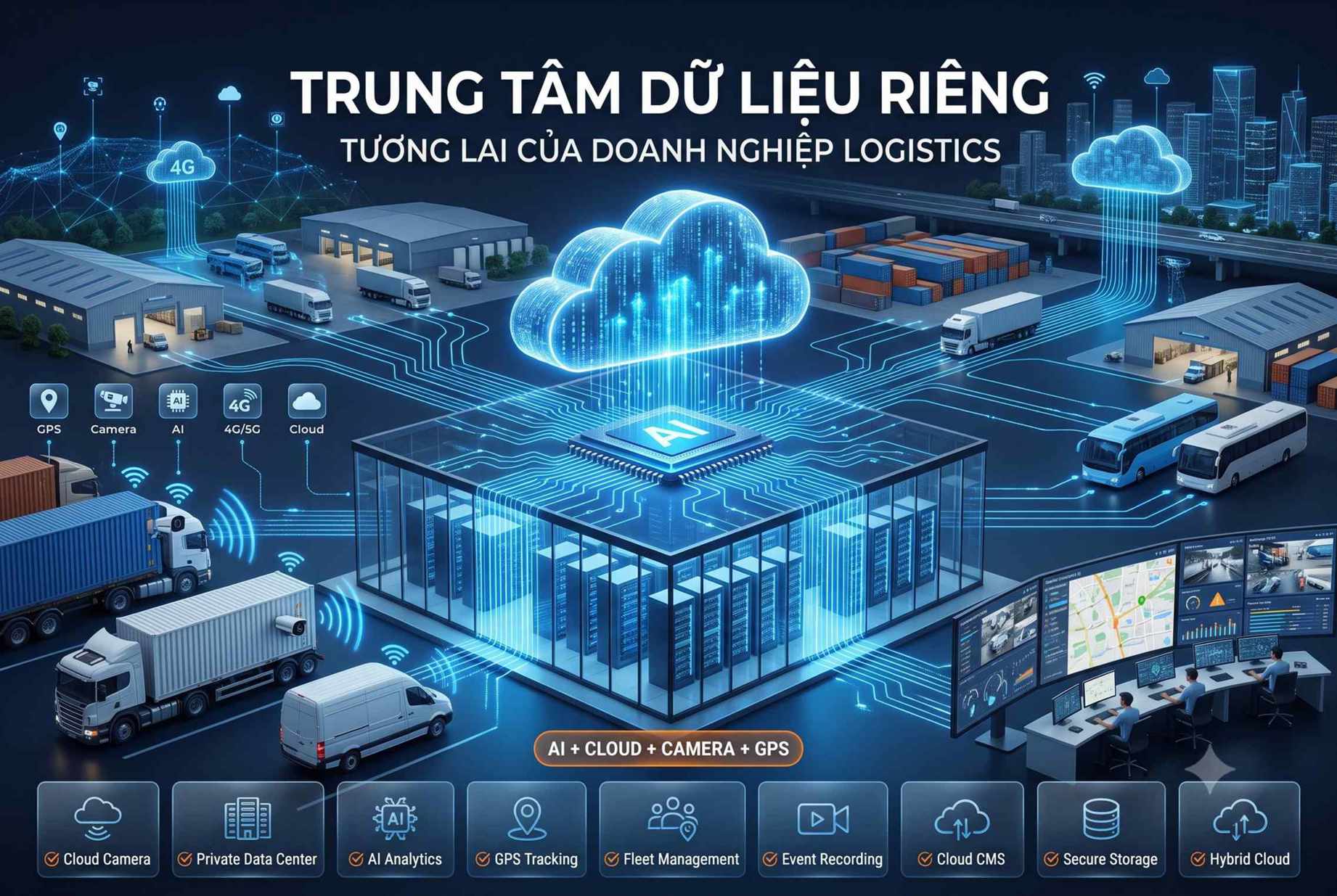 Trung tâm dữ liệu riêng ứng dụng AI và cloud quản lý đội xe logistics với GPS, camera và giám sát thời gian thực