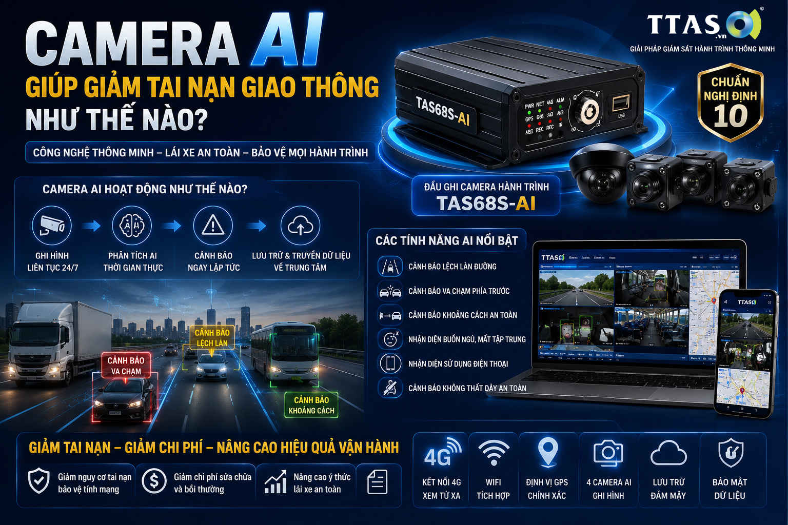Hệ thống camera hành trình AI TAS68S-AI TTAS giám sát xe tải xe khách cảnh báo lệch làn và va chạm