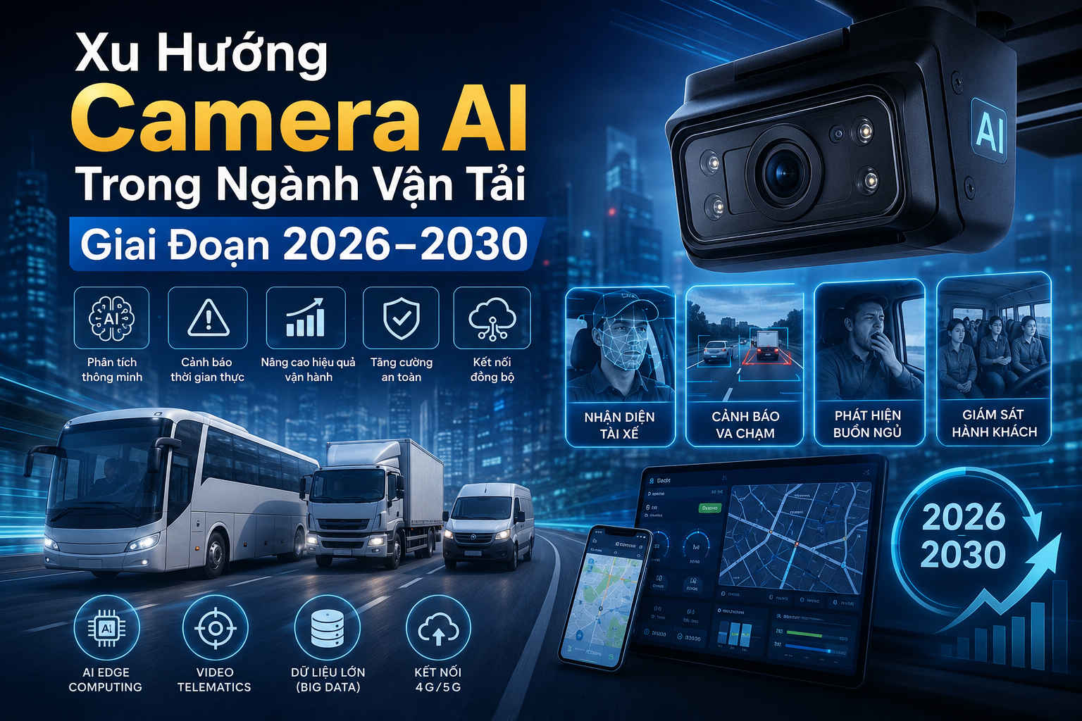 Camera AI giám sát phương tiện vận tải, nhận diện tài xế, cảnh báo va chạm và theo dõi hành trình giai đoạn 2026-2030