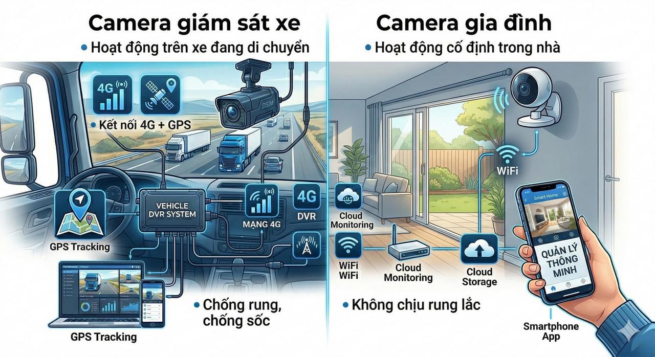 So sánh camera giám sát xe kết nối 4G GPS với camera gia đình WiFi điều khiển bằng ứng dụng smartphone