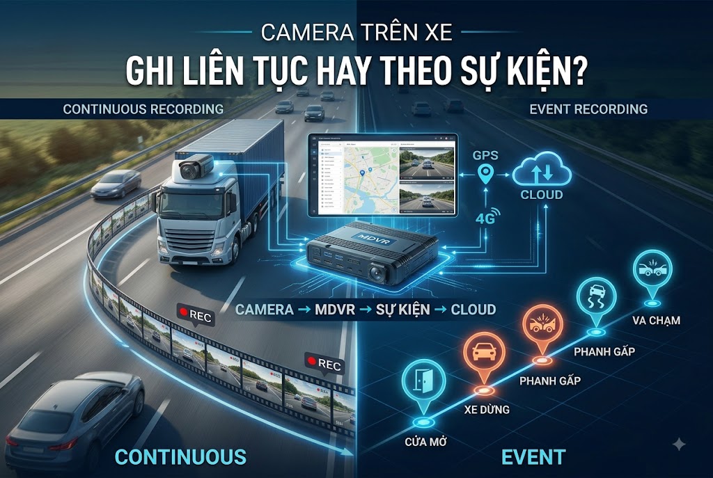 Hệ thống camera hành trình cho xe tải ghi hình liên tục và theo sự kiện, lưu trữ qua MDVR và cloud GPS 4G