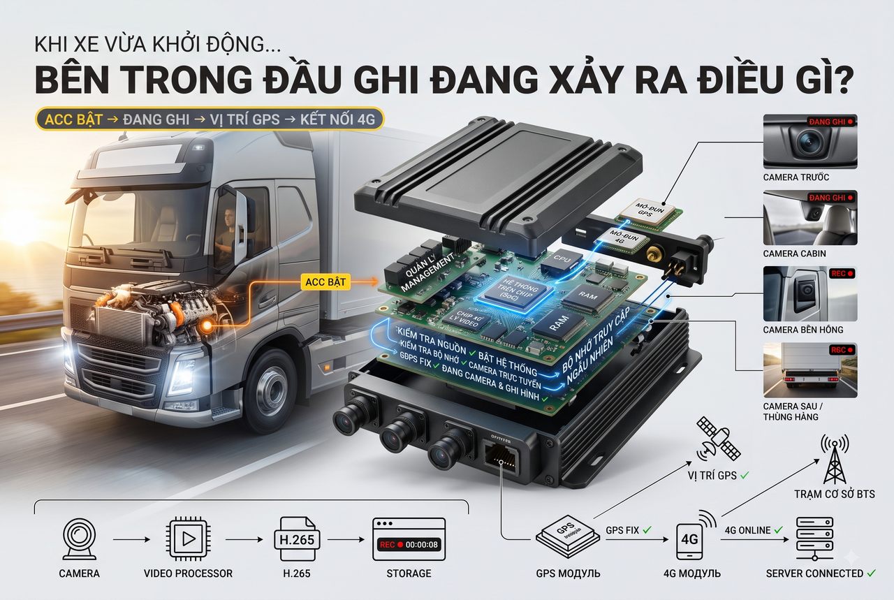 Hệ thống đầu ghi camera hành trình cho xe tải với mô tả cấu tạo, kết nối GPS và 4G giám sát hành trình