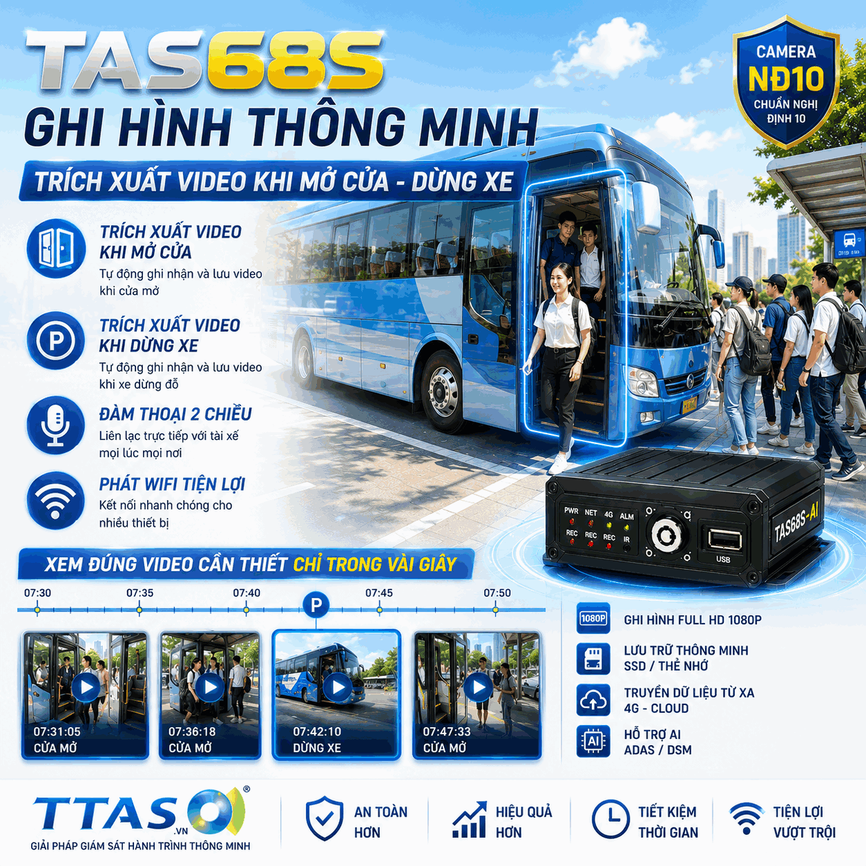 Khám phá TAS68S ghi hình thông minh, tự động trích xuất video khi mở cửa và khi xe dừng