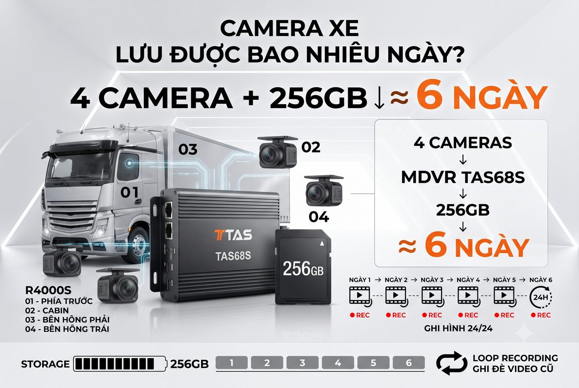 Bộ camera hành trình xe tải TAS68S 4 mắt kèm thẻ nhớ 256GB ghi hình liên tục khoảng 6 ngày