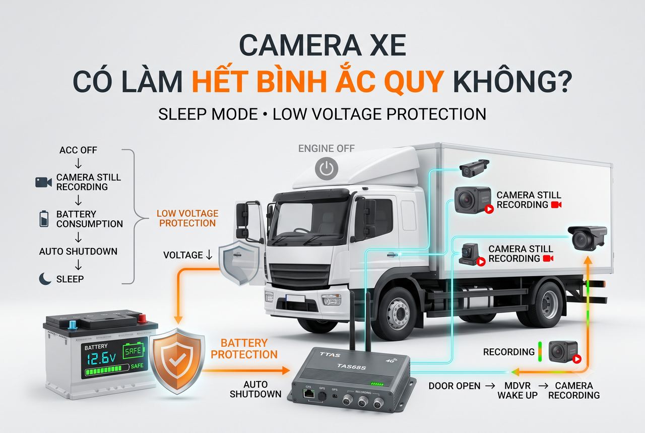Hệ thống camera giám sát xe tải TTAS TAS68S với chế độ sleep và bảo vệ bình ắc quy khỏi hết điện
