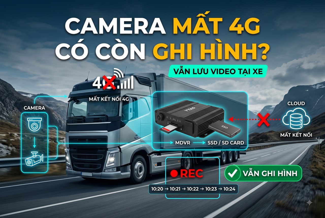 Hệ thống camera hành trình cho xe tải dùng đầu ghi MDVR lưu video vào SSD SD card khi mất kết nối 4G