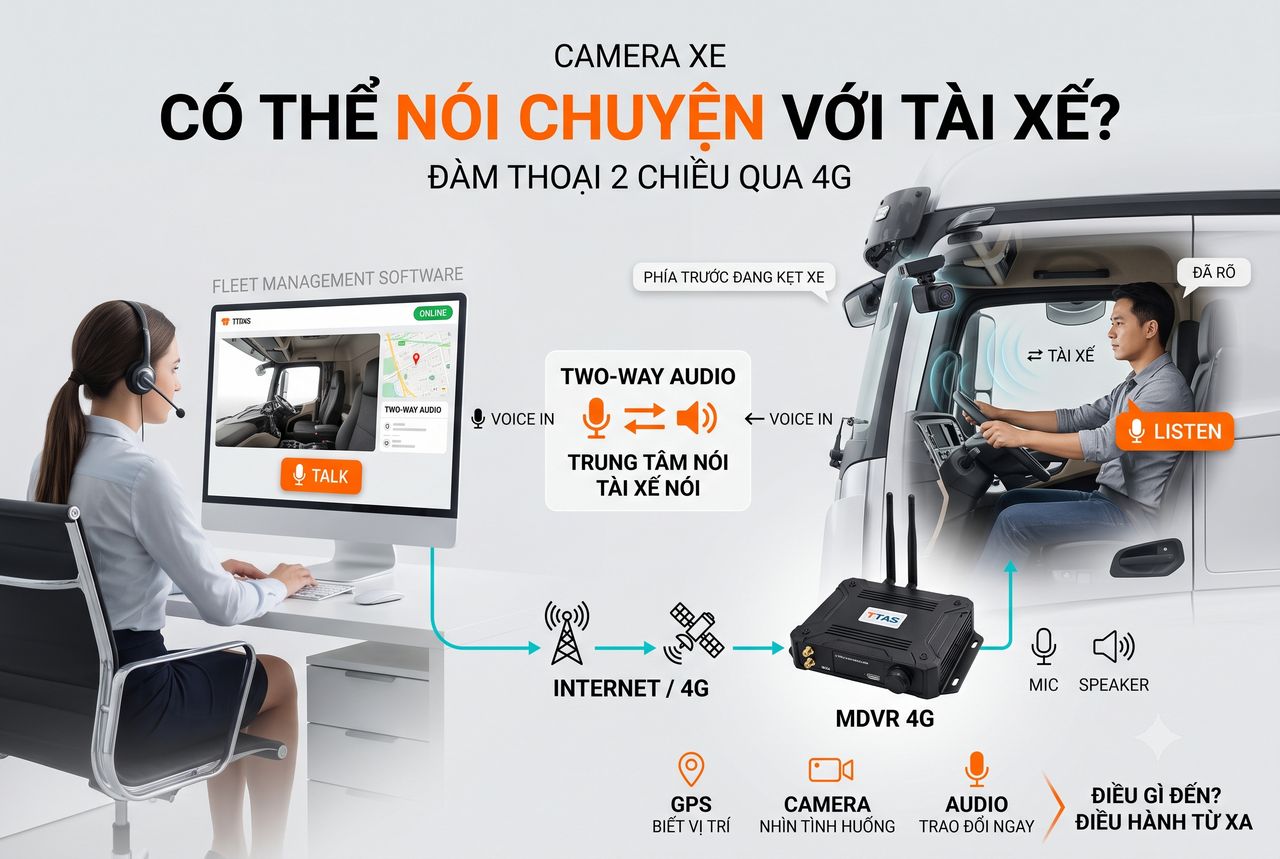 Hệ thống camera xe MDVR 4G cho phép trung tâm điều hành đàm thoại hai chiều với tài xế từ xa