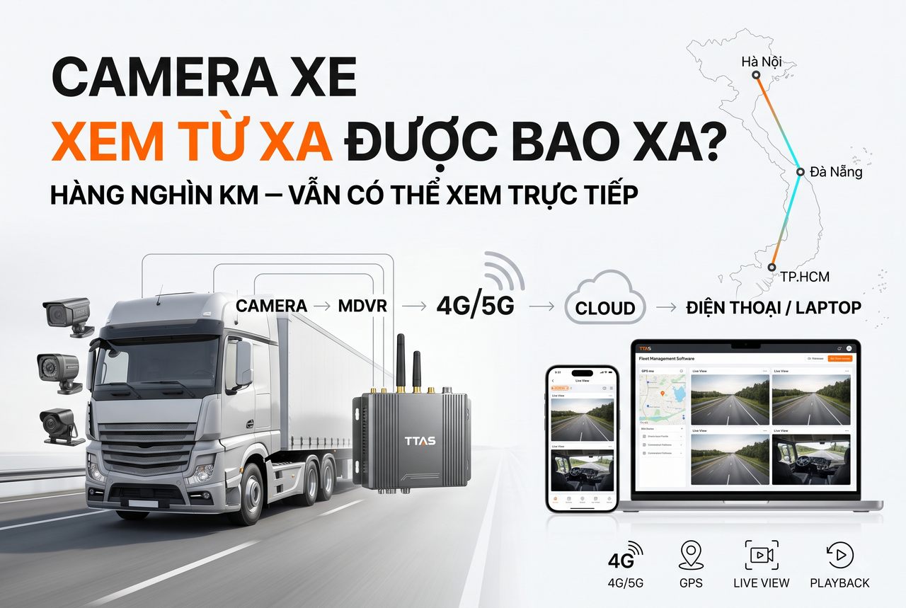 Hệ thống camera giám sát xe tải TTAS truyền hình ảnh qua 4G 5G lên cloud xem từ xa trên điện thoại và laptop