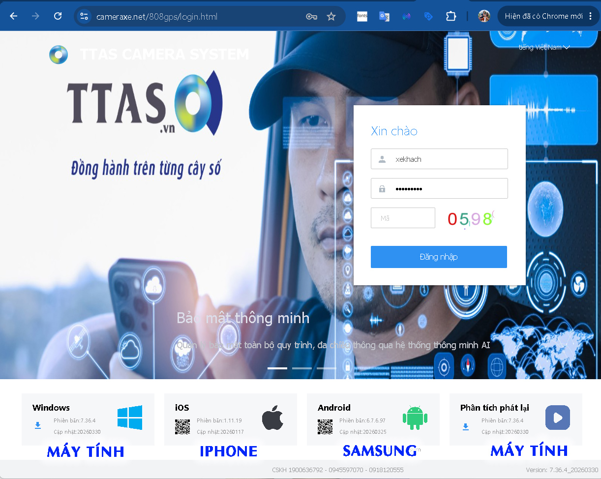 Giao diện đăng nhập hệ thống camera TTAS trên trình duyệt với các tùy chọn tải ứng dụng Windows iOS Android