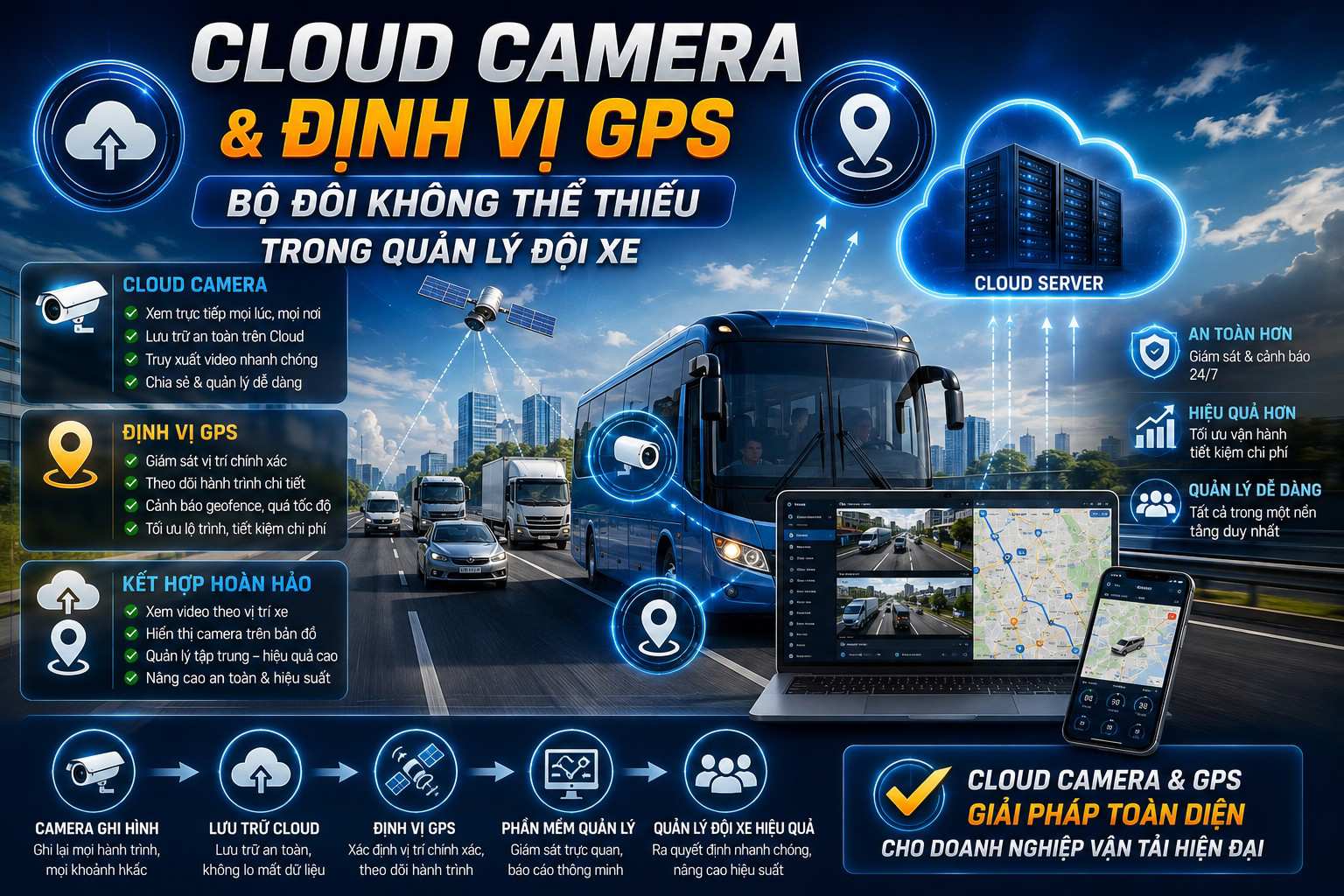 Giải pháp cloud camera và định vị GPS giám sát đội xe, hiển thị trên laptop và điện thoại cho doanh nghiệp vận tải