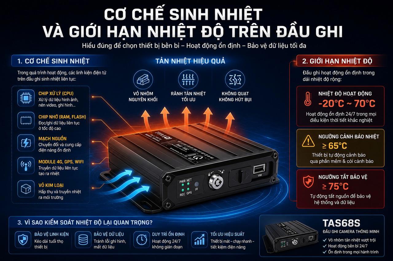 Đầu ghi camera thông minh TAS68S vỏ nhôm tản nhiệt, thông số cơ chế sinh nhiệt và giới hạn nhiệt độ hoạt động