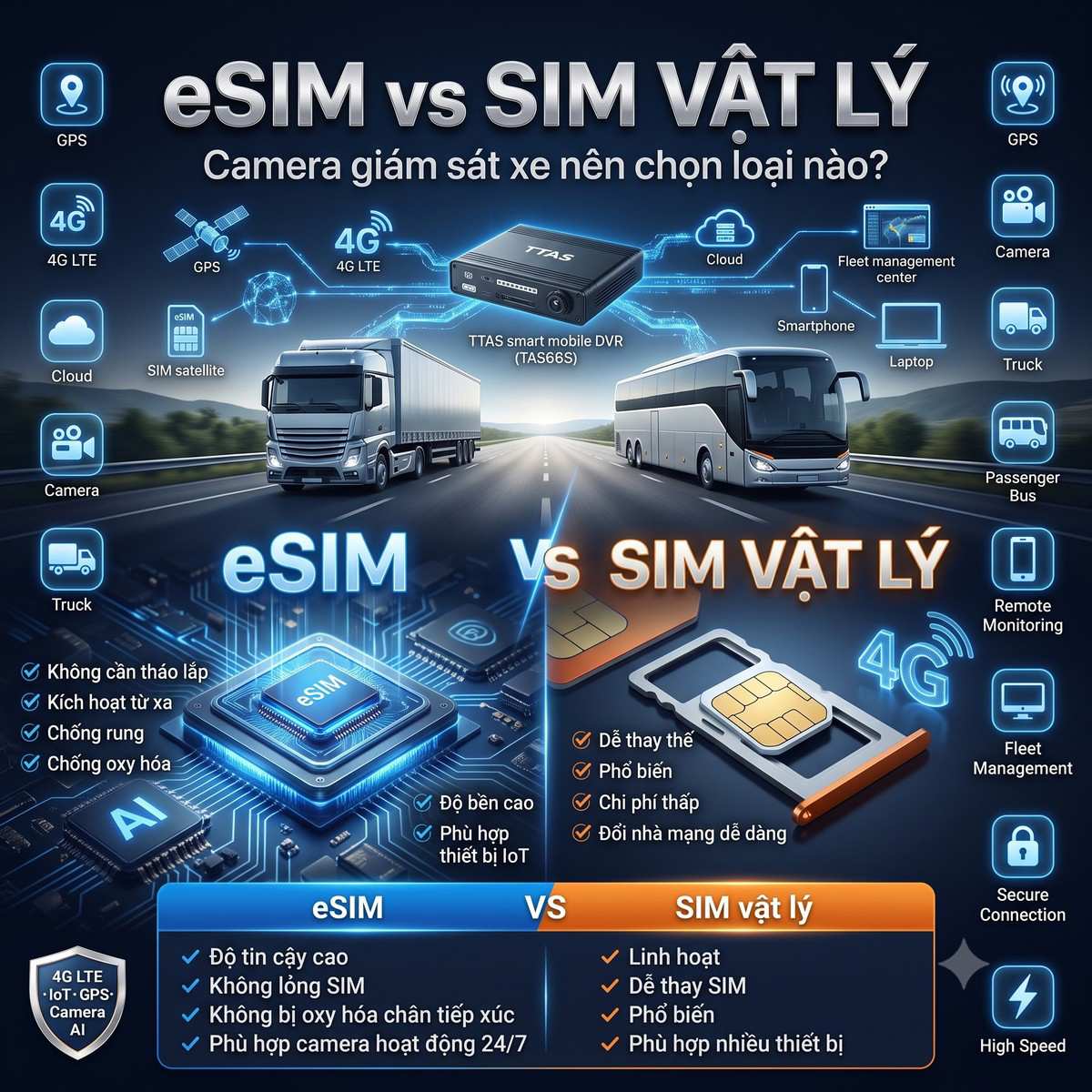 eSIM và SIM vật lý: Khác nhau như thế nào? Camera giám sát xe nên chọn loại nào?