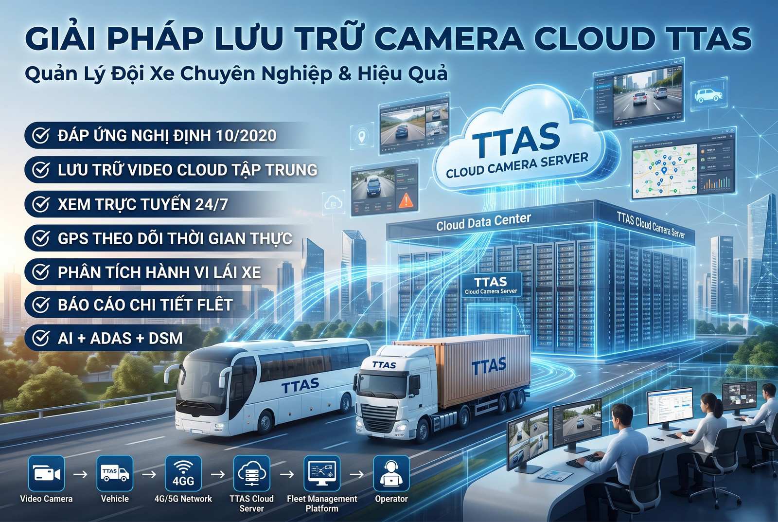 Giải pháp lưu trữ camera cloud TTAS cho quản lý đội xe, xe bus và xe tải kết nối trung tâm dữ liệu và giám sát 24/7