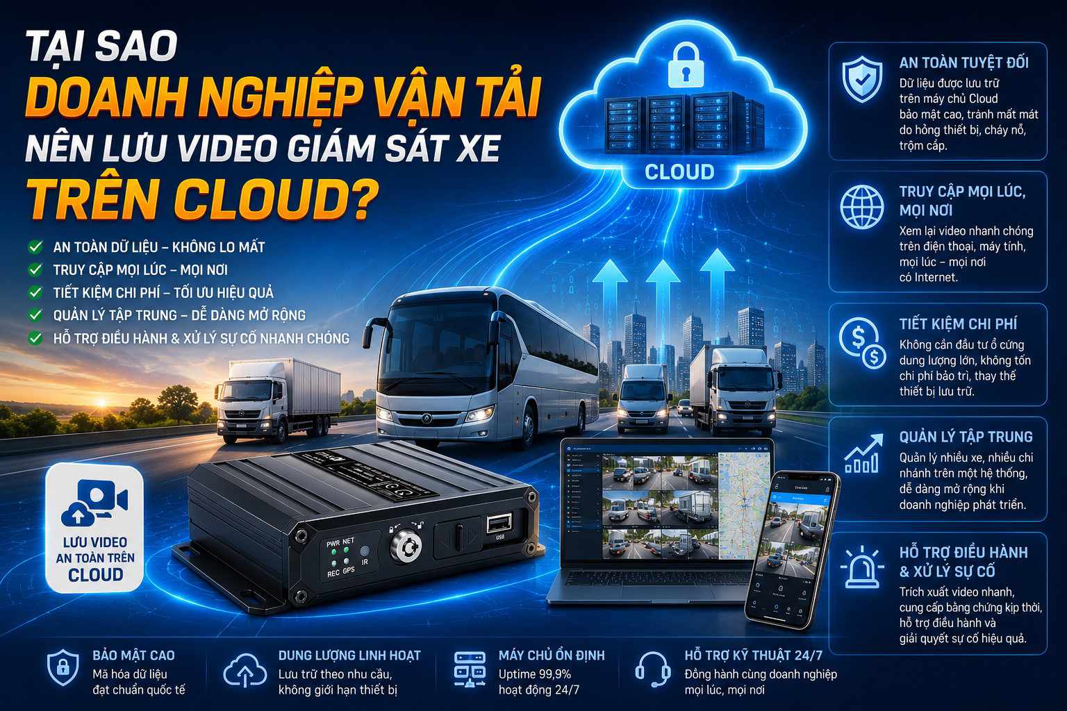 Giải pháp lưu trữ video giám sát xe vận tải trên cloud với đầu ghi, laptop và điện thoại quản lý đội xe