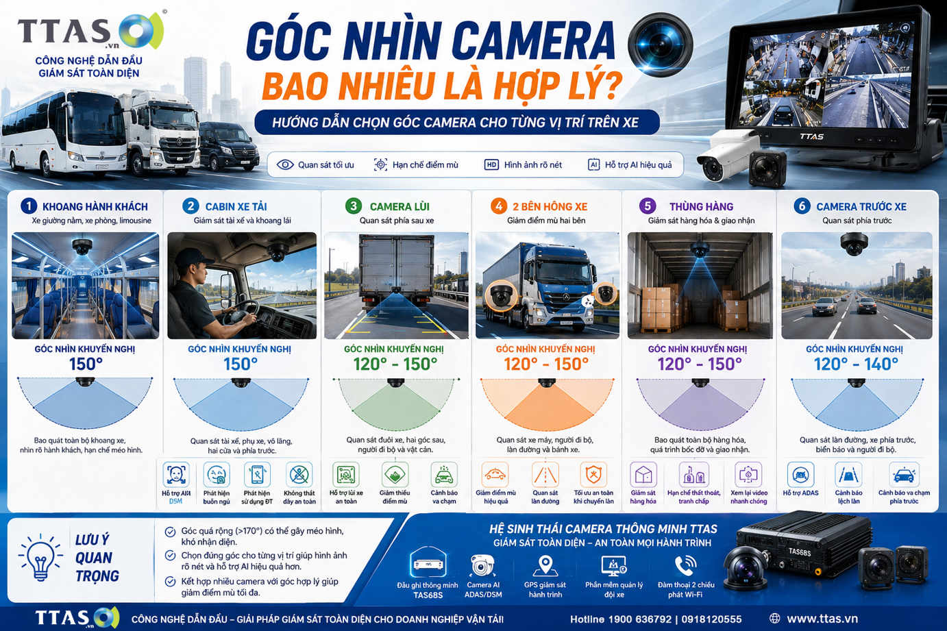 Infographic hệ thống camera giám sát TTAS cho xe khách và xe tải với gợi ý góc nhìn cho từng vị trí lắp đặt