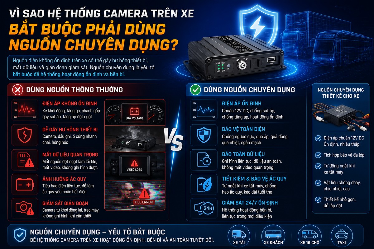 Vì sao hệ thống camera trên xe bắt buộc phải dùng nguồn chuyên dụng?