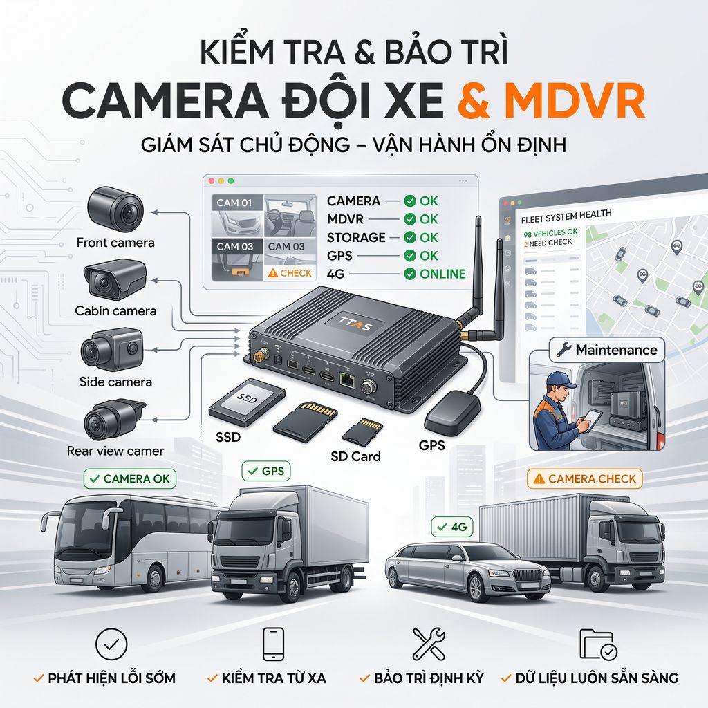 Hệ thống MDVR TTAS giám sát đội xe với camera trước, sau, hông, trong cabin, GPS và lưu trữ SSD SD card