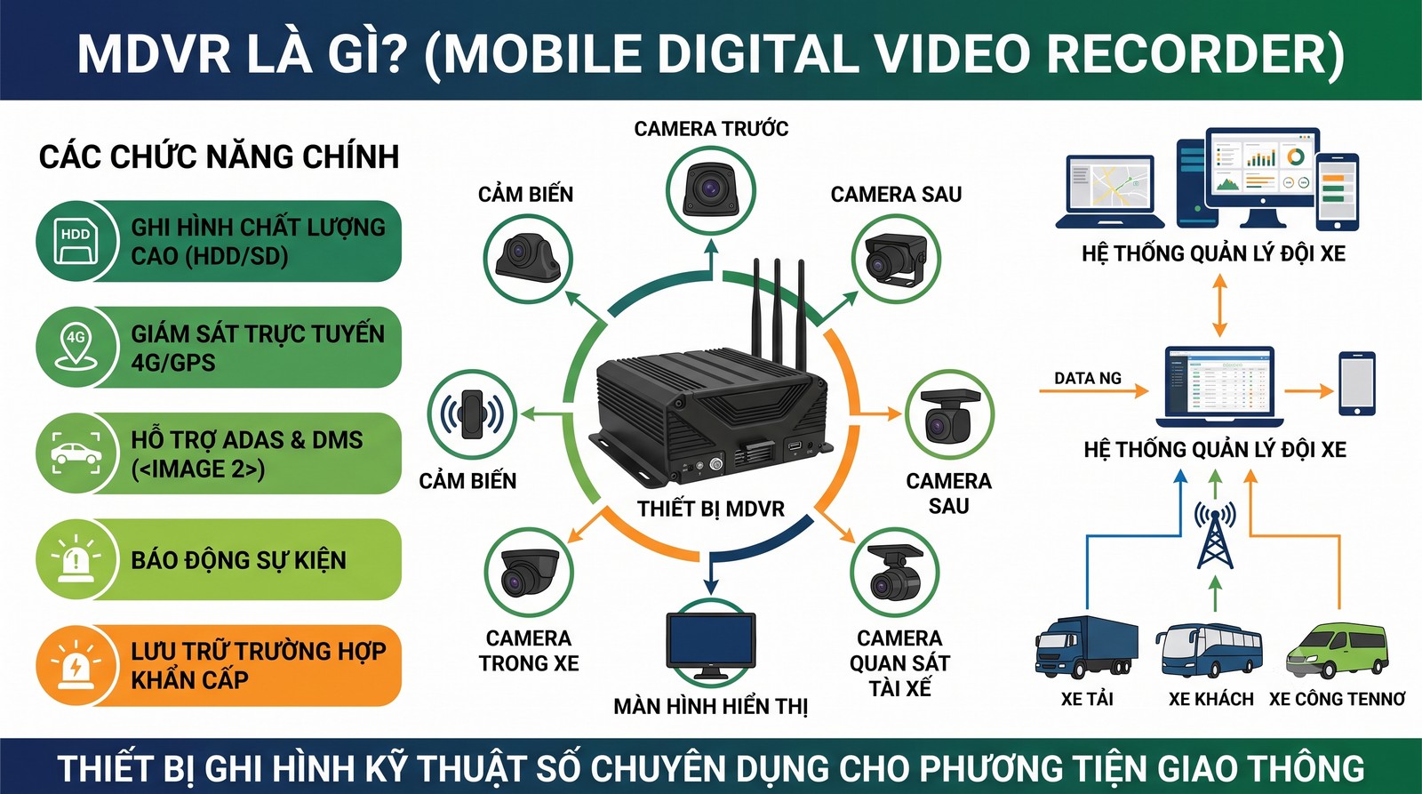 Thiết bị ghi hình MDVR cho xe tải xe khách với hệ thống camera giám sát và quản lý đội xe từ xa