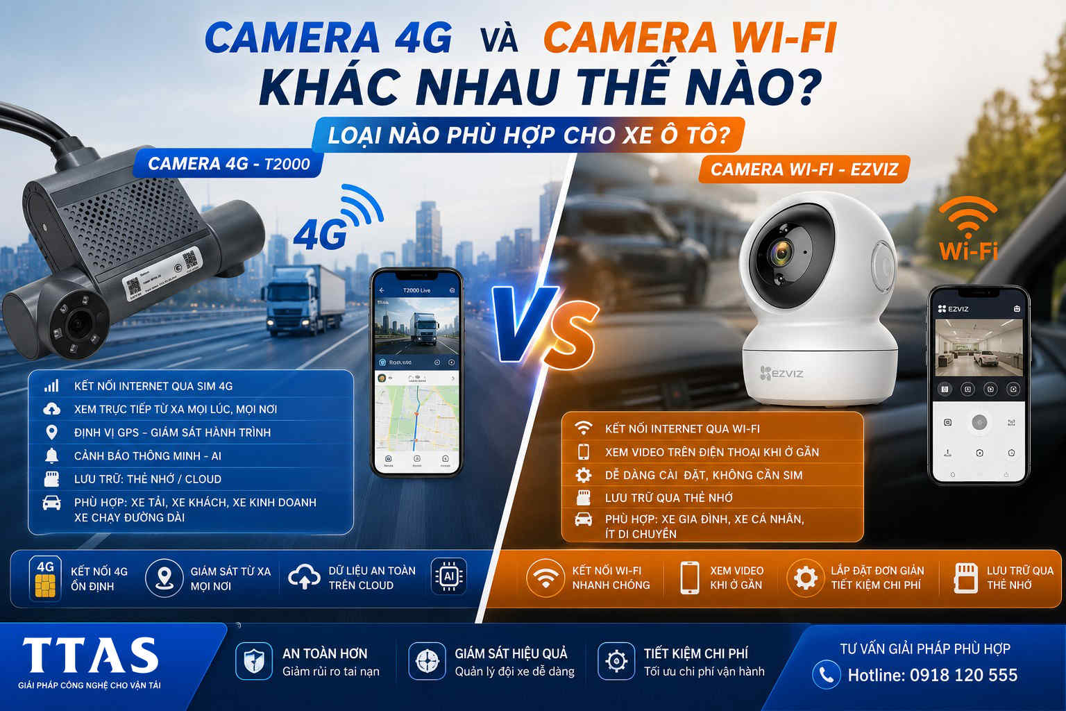 So sánh camera hành trình 4G T2000 cho xe tải và camera WiFi EZVIZ cho ô tô, hiển thị tính năng và ưu điểm