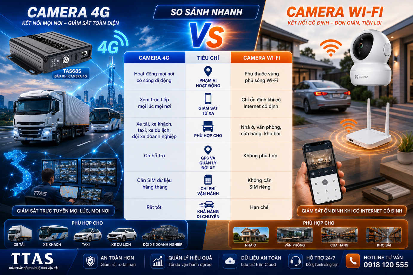So sánh camera 4G TTAS cho xe tải, xe khách với camera WiFi Ezviz dùng cho nhà ở và văn phòng
