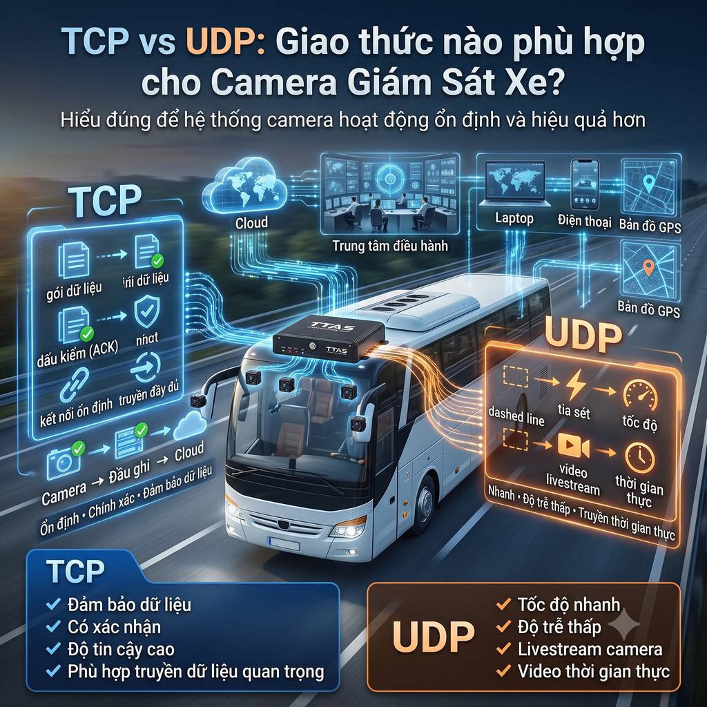 So sánh giao thức TCP và UDP cho hệ thống camera giám sát xe buýt, minh họa truyền dữ liệu và livestream camera