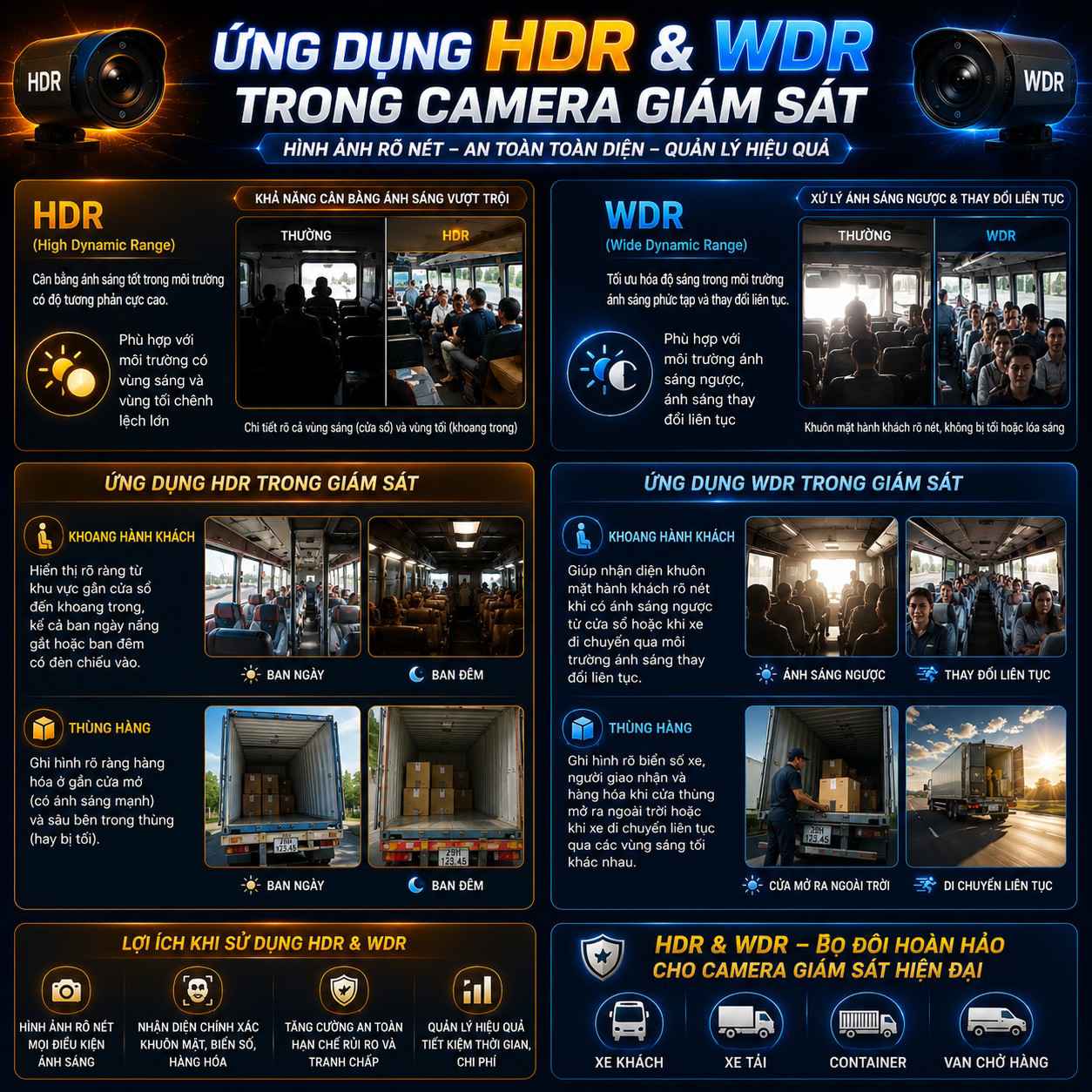 Ứng dụng HDR và WDR trong camera giám sát, so sánh chất lượng hình ảnh khoang hành khách và thùng hàng ban ngày ban đêm