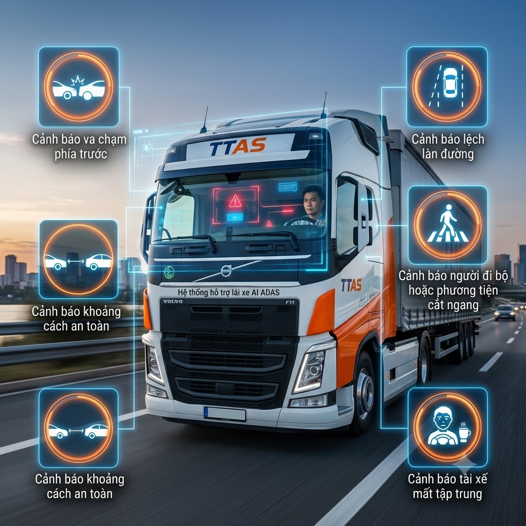 Xe tải Volvo TTAS tích hợp hệ thống hỗ trợ lái xe AI ADAS với các cảnh báo an toàn thông minh