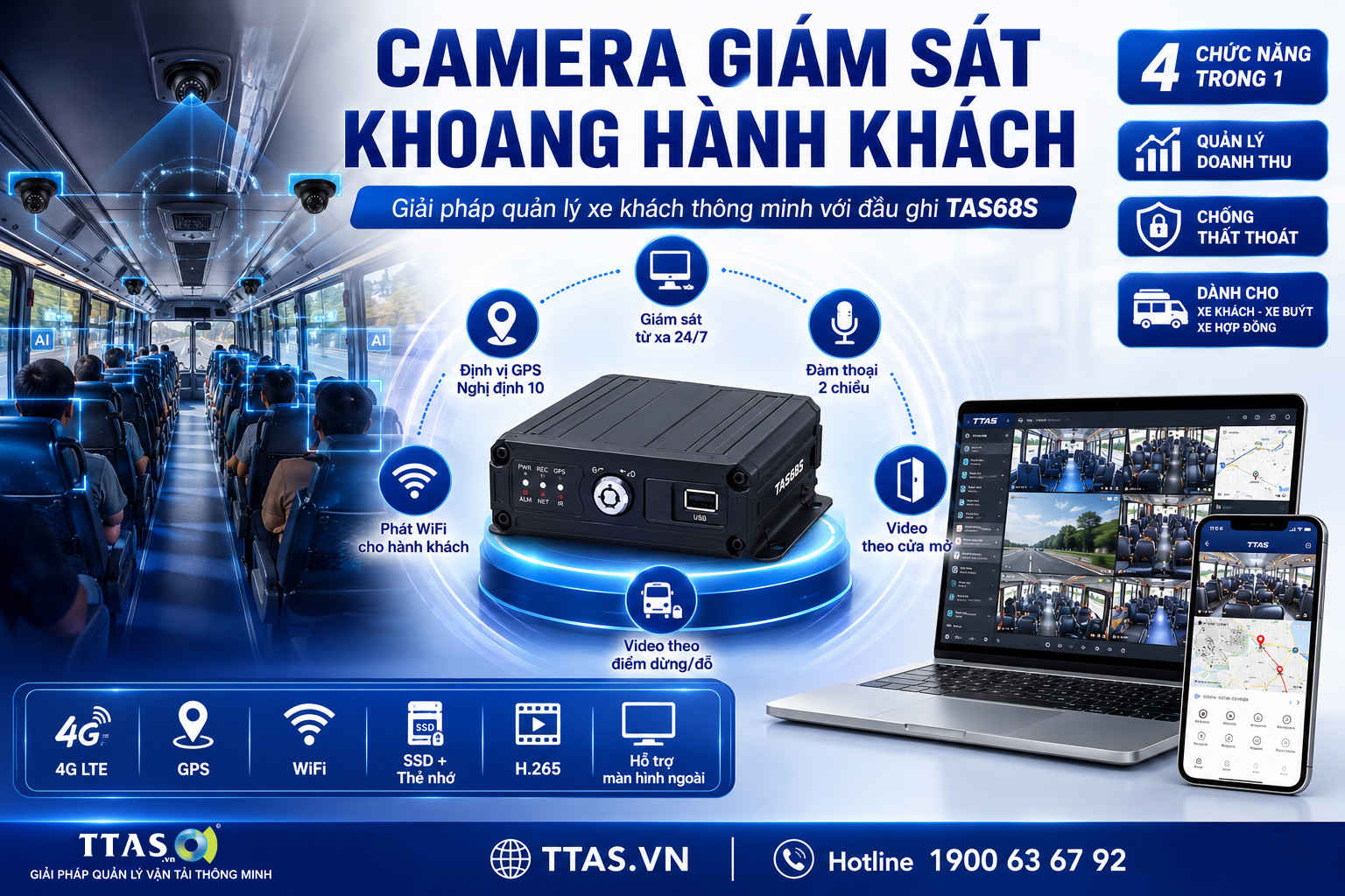 Hệ thống camera giám sát khoang hành khách xe khách TTAS TAS68S kèm đầu ghi, laptop và điện thoại quản lý từ xa