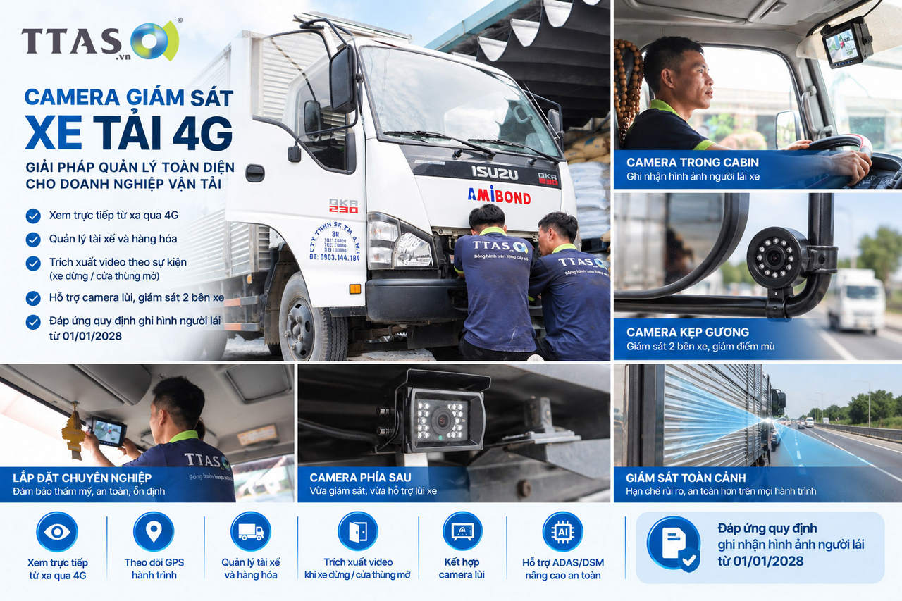 Hệ thống camera giám sát xe tải 4G TTAS lắp trong cabin, gương và phía sau hỗ trợ quản lý hành trình