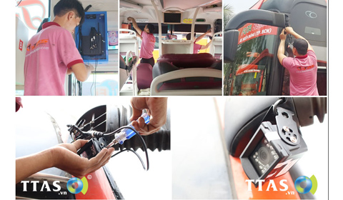 Các kỹ thuật viên công ty TTAS đang lắp đặt camera giám sát trong ngoài xe của công ty Phương Trang