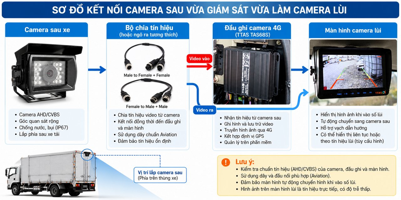 Hệ thống camera sau xe tải gồm camera AHD, bộ chia tín hiệu, đầu ghi 4G TTAS TAS68S và màn hình camera lùi