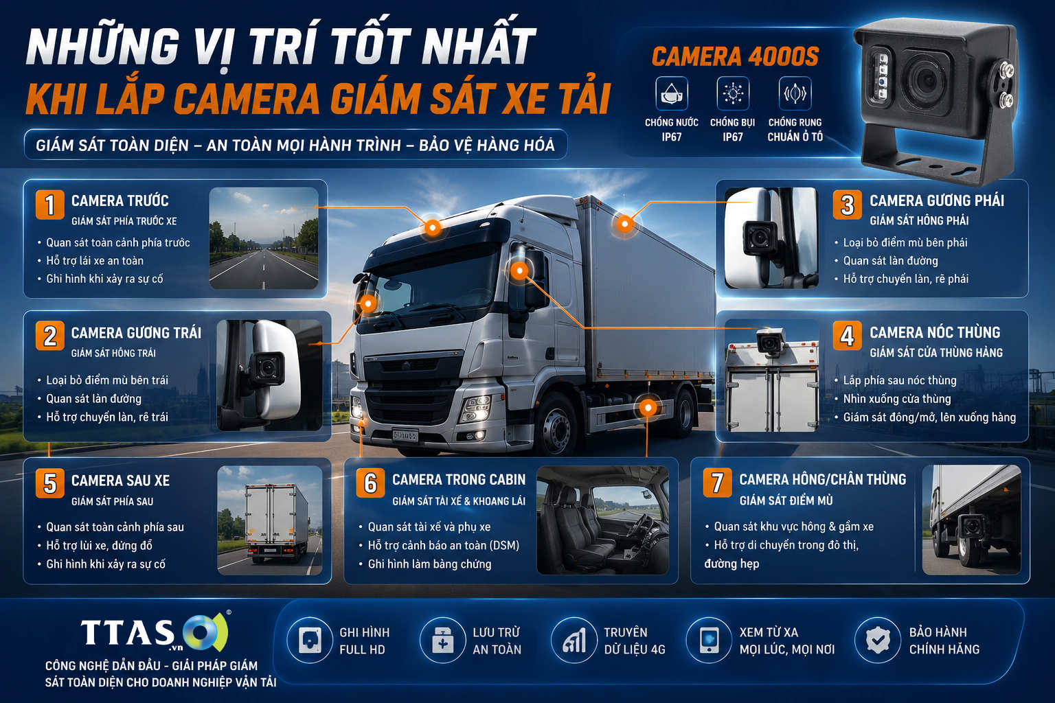 Vị trí lắp camera giám sát TTAS 4000S quanh xe tải để quan sát toàn diện và giảm điểm mù