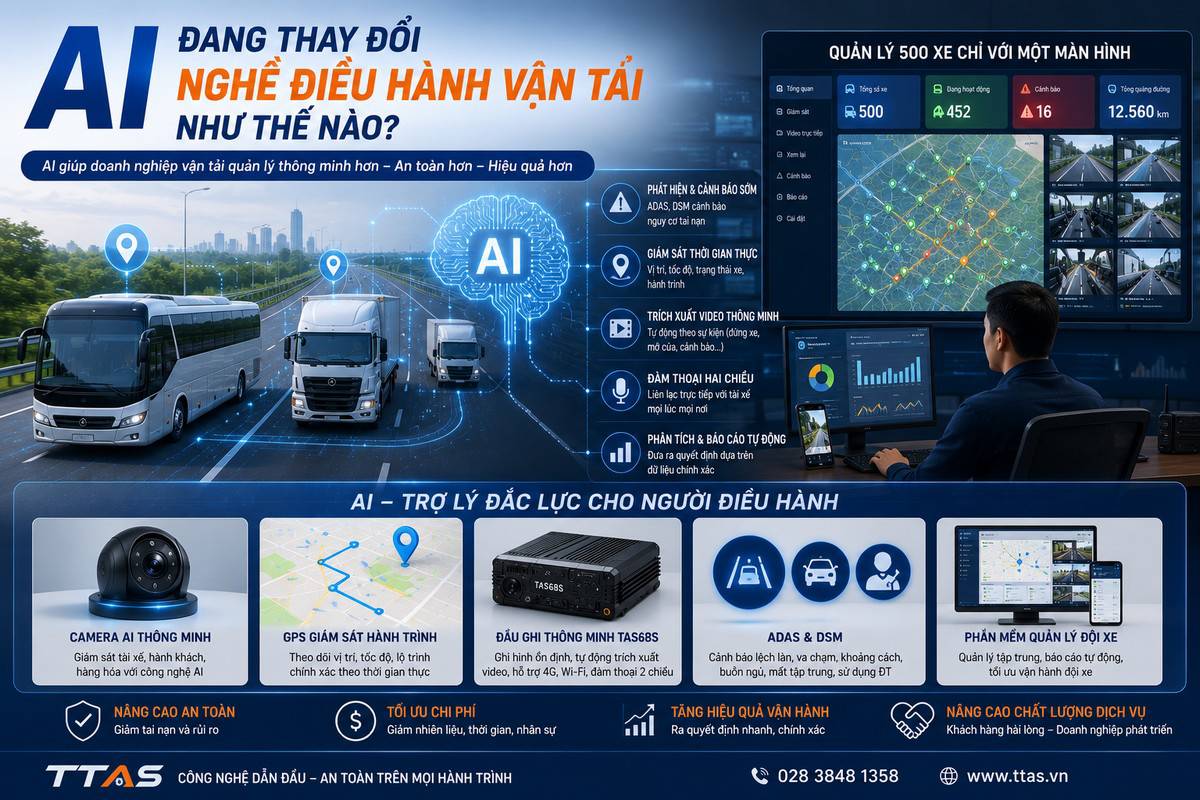 Giải pháp AI TTAS quản lý đội xe vận tải với camera AI, GPS, đầu ghi TAS68S và phần mềm điều hành trên máy tính, di động