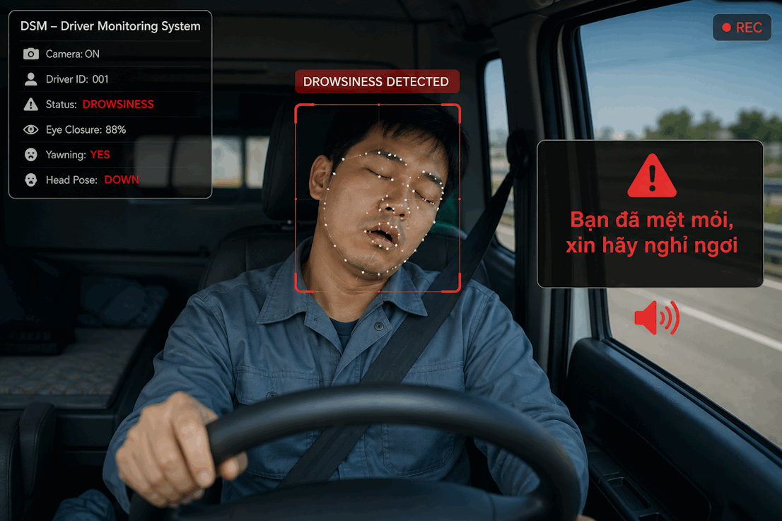 Hệ thống giám sát tài xế phát hiện buồn ngủ và cảnh báo người lái xe tải đang gật gù trên vô lăng