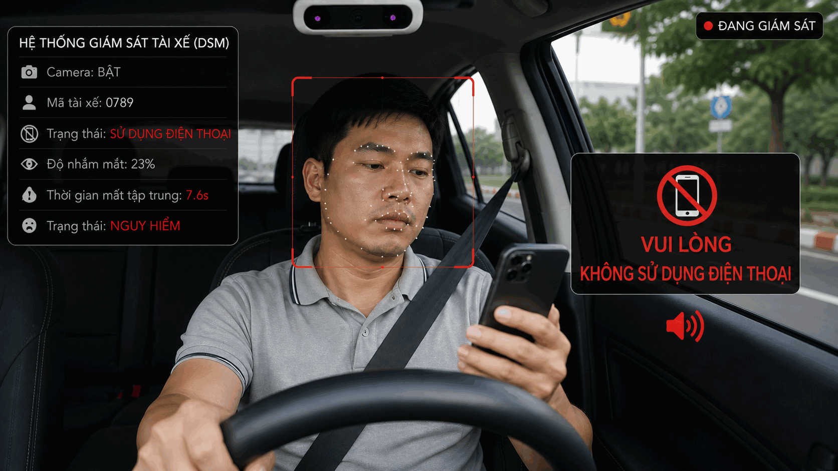 Hệ thống giám sát tài xế cảnh báo người lái đang sử dụng điện thoại khi lái xe