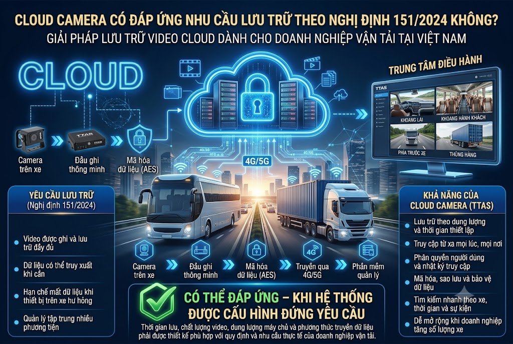 Giải pháp cloud camera lưu trữ video cho xe khách và xe tải, truyền dữ liệu 4G 5G về trung tâm điều hành doanh nghiệp vận tải