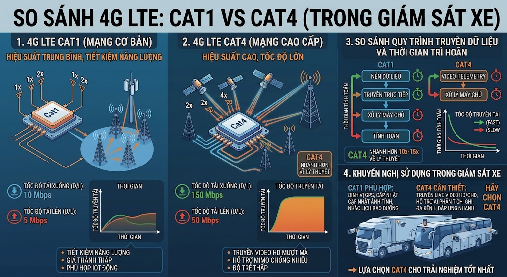Infographic so sánh 4G LTE Cat1 và Cat4 trong giám sát xe về tốc độ truyền tải, độ trễ và khuyến nghị sử dụng